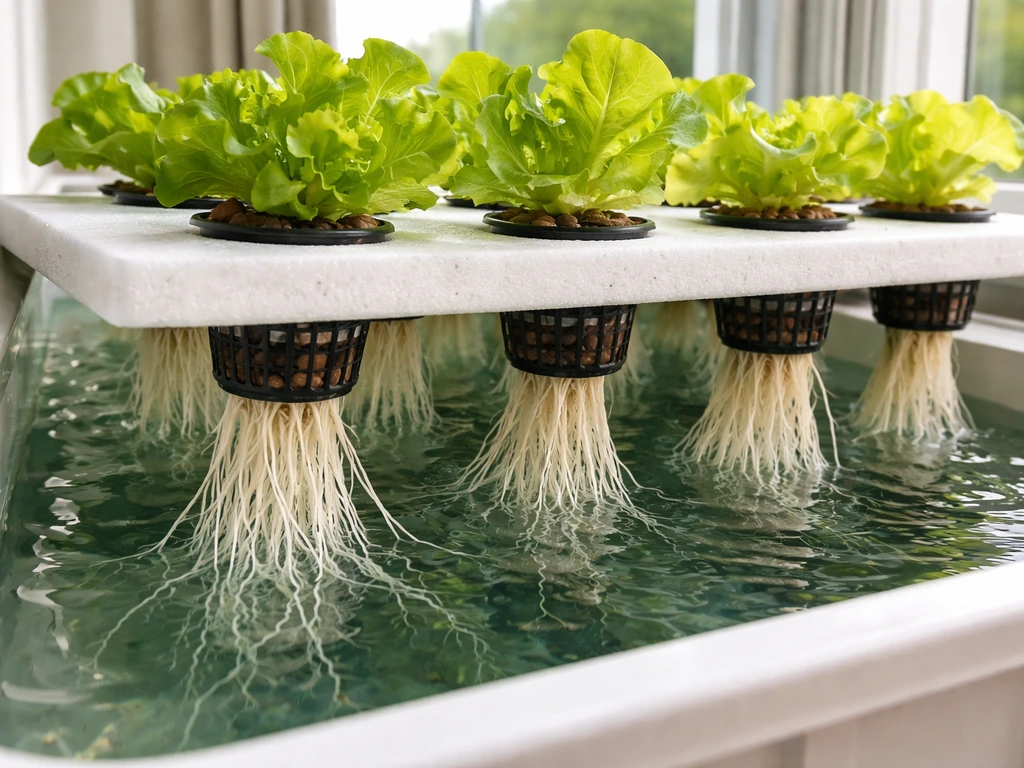 Butter lettuce net pots floating in clear water with visible roots in a small indoor hydroponic setup.
