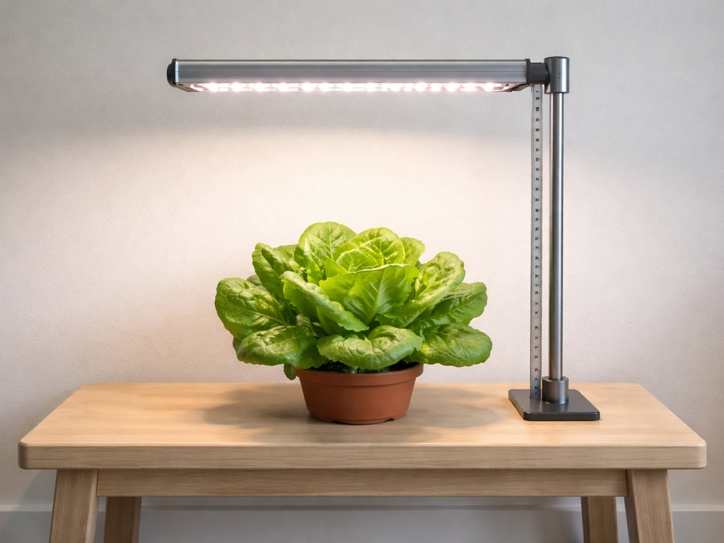 LED grow light suspended over butter lettuce with a visible ruler showing the 6–12 inch gap.
