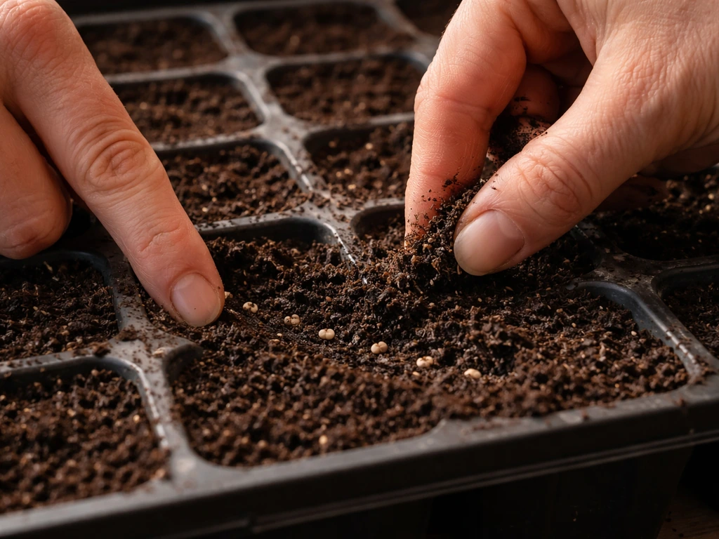Hand pressing seeds into shallow potting mix and covering them to about 1/4 inch depth.