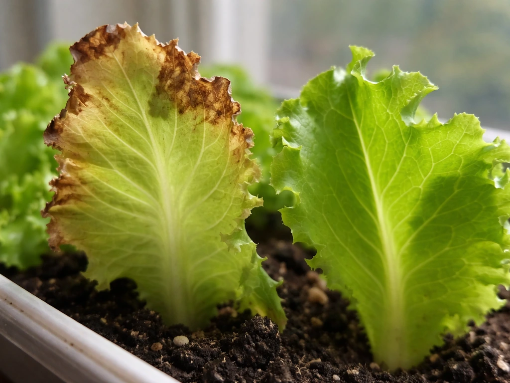 Close-up of lettuce leaves showing brown tipburn edges next to a healthy green leaf.