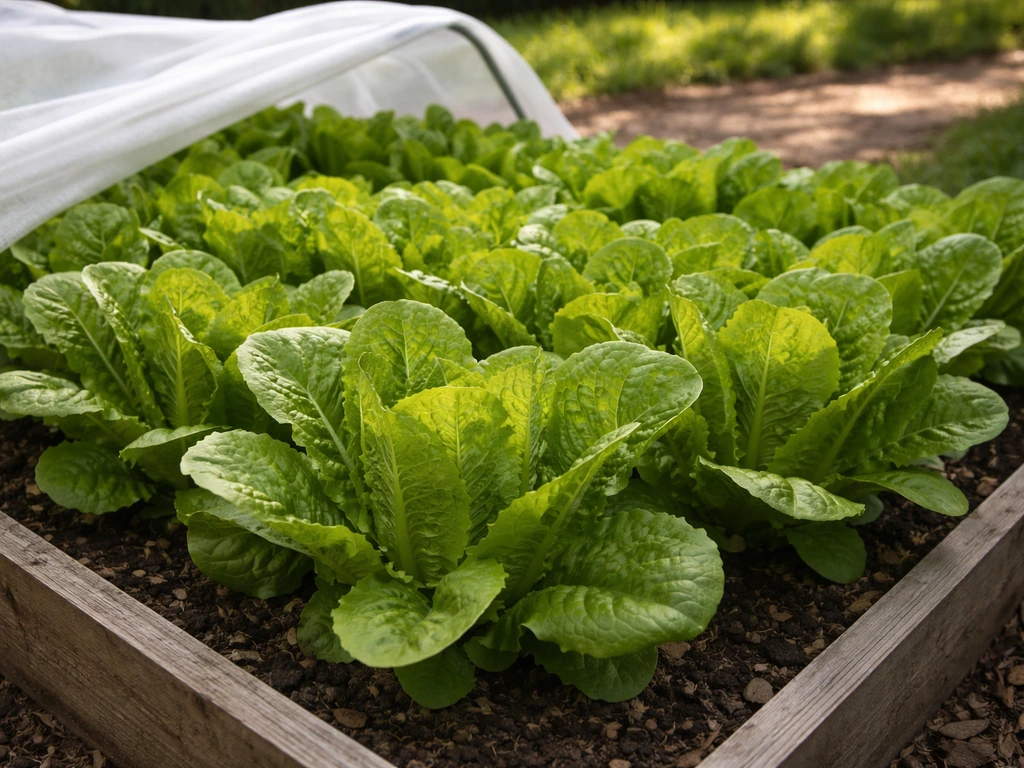 Lush green lettuce in a raised bed with row cover and soft afternoon shade, ready for harvest