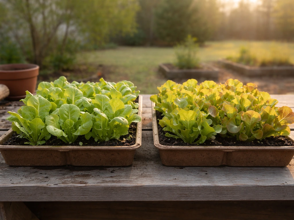 Two planting trays of lettuce side-by-side showing cooler spring seedlings and warmer fall growth.