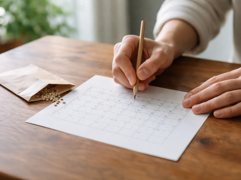 Hands marking dates on a simple planting calendar beside seed packets on a wooden table.