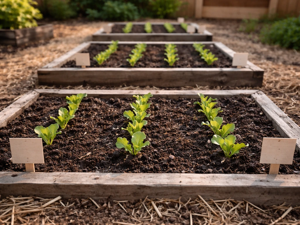 Young lettuce seedlings in three small raised beds with blank date tags, minimal backyard garden scene.