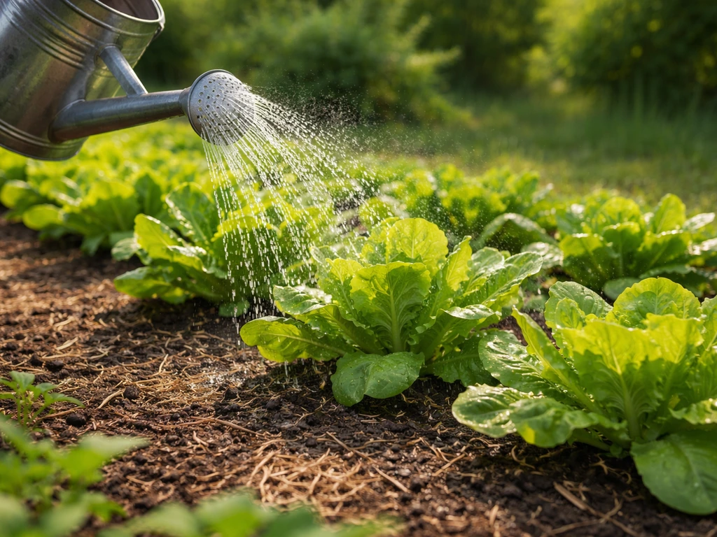 Watering a mulched row of thriving lettuce with a watering can or drip irrigation in a Georgia garden
