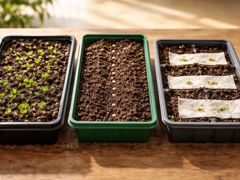 Three side-by-side lettuce seed-start methods: emerging seedlings, direct-sown row, and seed tape/pellets in a tray.