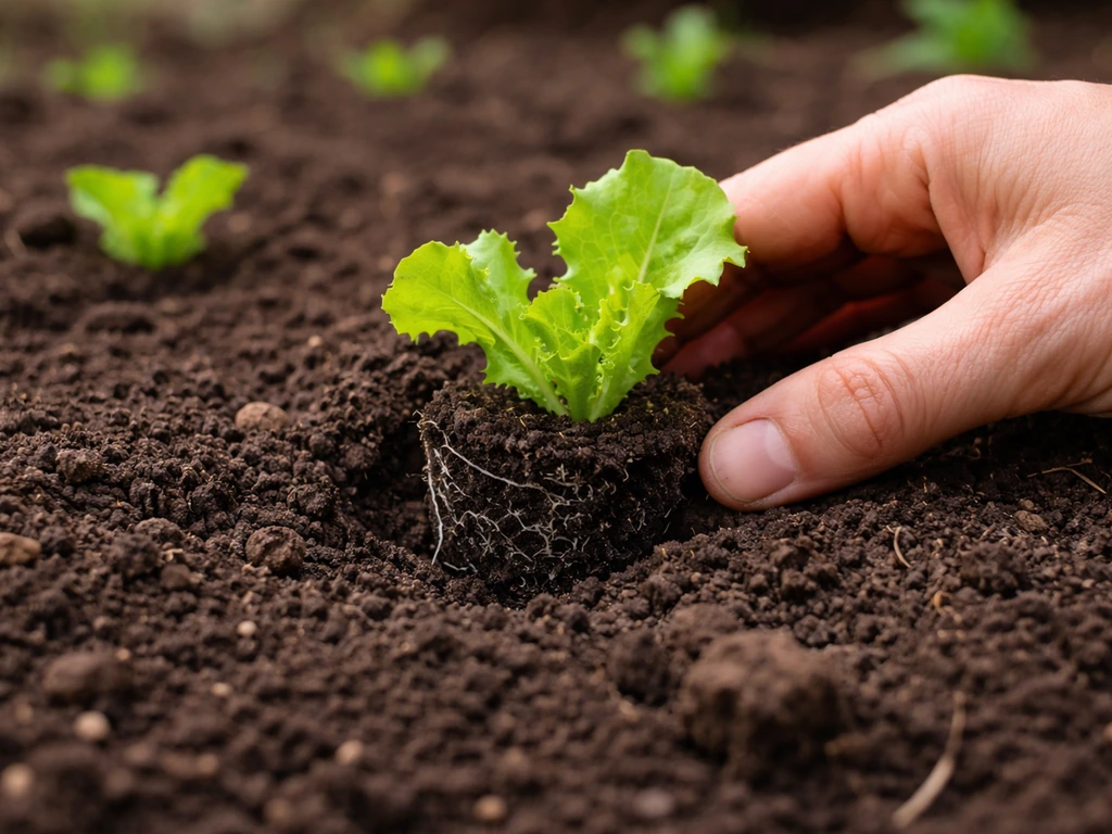 Close-up of lettuce transplants being set into prepared soil, roots placed from cell packs.