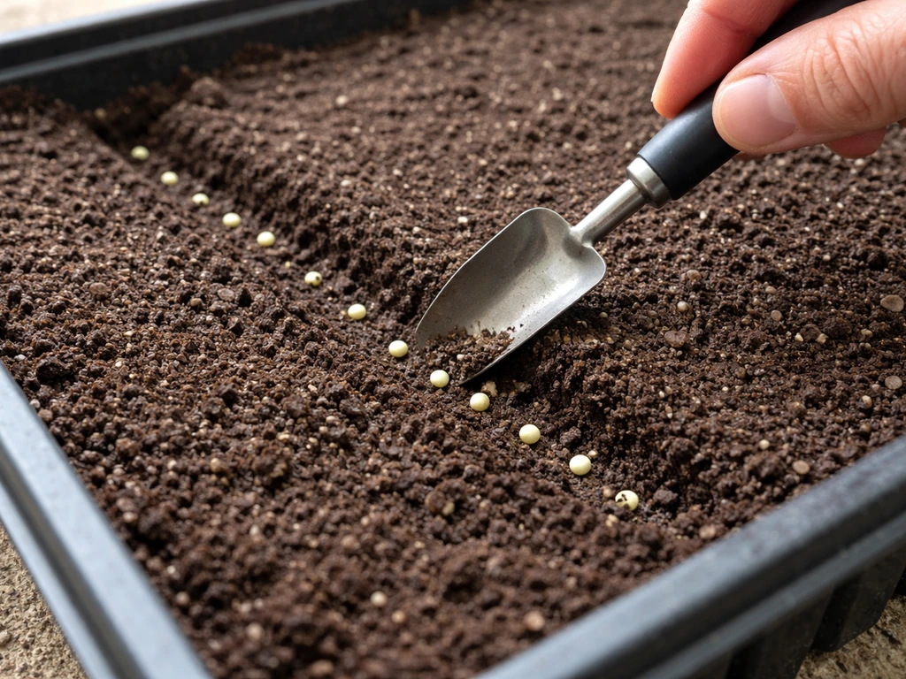 Gardener laying small lettuce seed pellets into a shallow trench in moist seed-starting mix