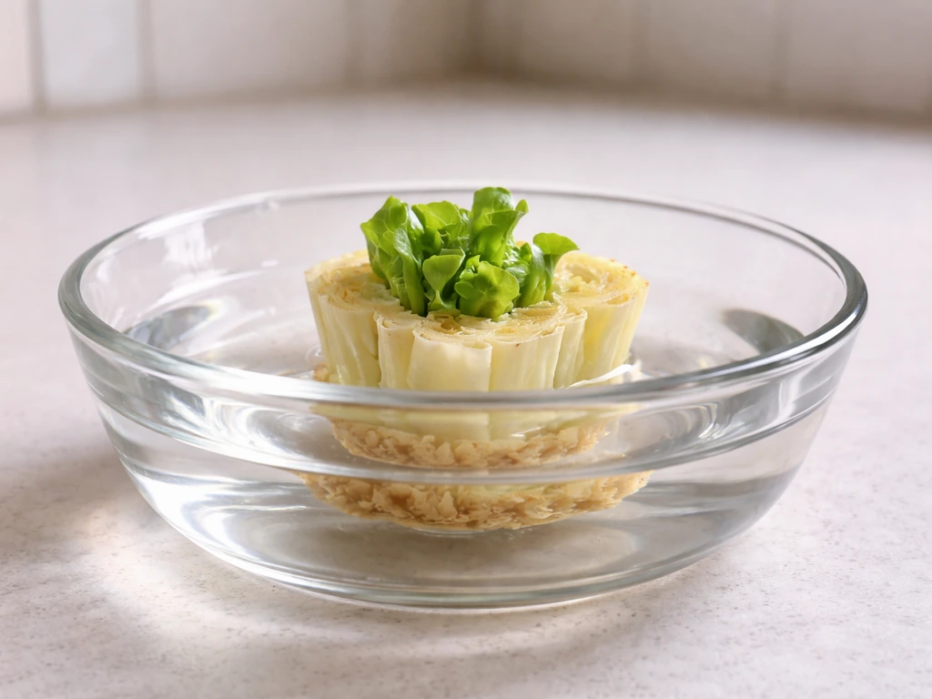 Store-bought lettuce base cut and suspended in shallow water, fresh green sprouts emerging