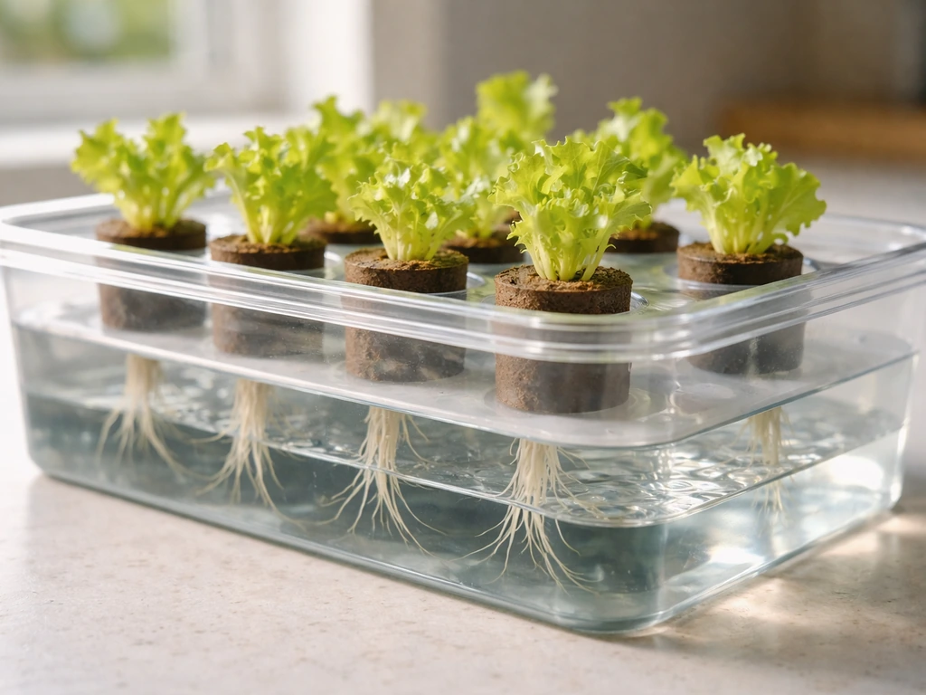 Minimal countertop hydroponic setup with pre-seeded pods and visible lettuce roots in clean water.