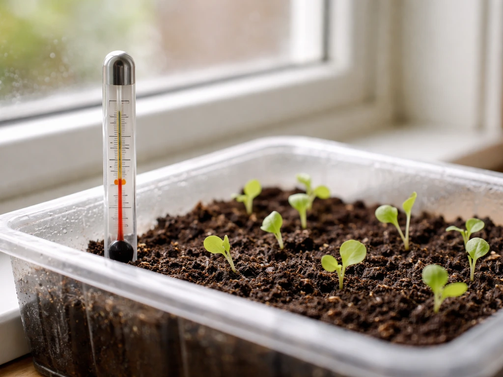 Seedling tray with tiny lettuce sprouts beside a thermometer in a simple windowsill setup