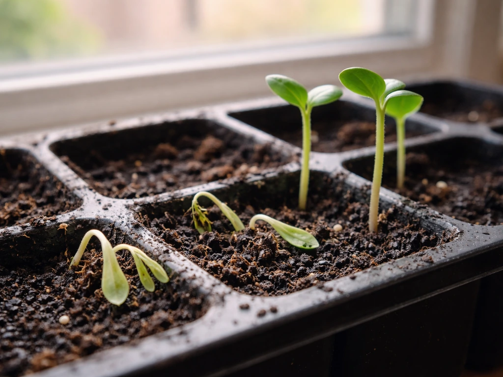 Seedlings collapsed at the soil line in a seedling tray, with a few nearby healthy sprouts.
