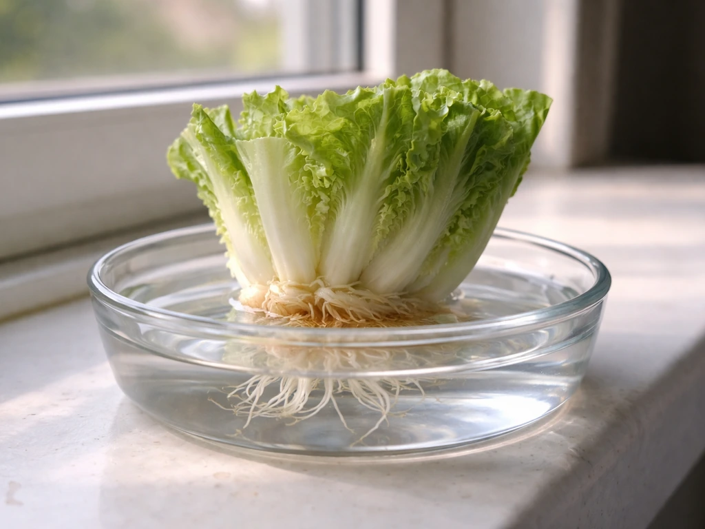 Fresh lettuce base in a shallow water dish with the crown visible and small roots starting to form.