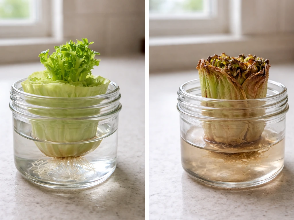 Split photo showing healthy lettuce base rerooting in water versus a failed dried lettuce base.
