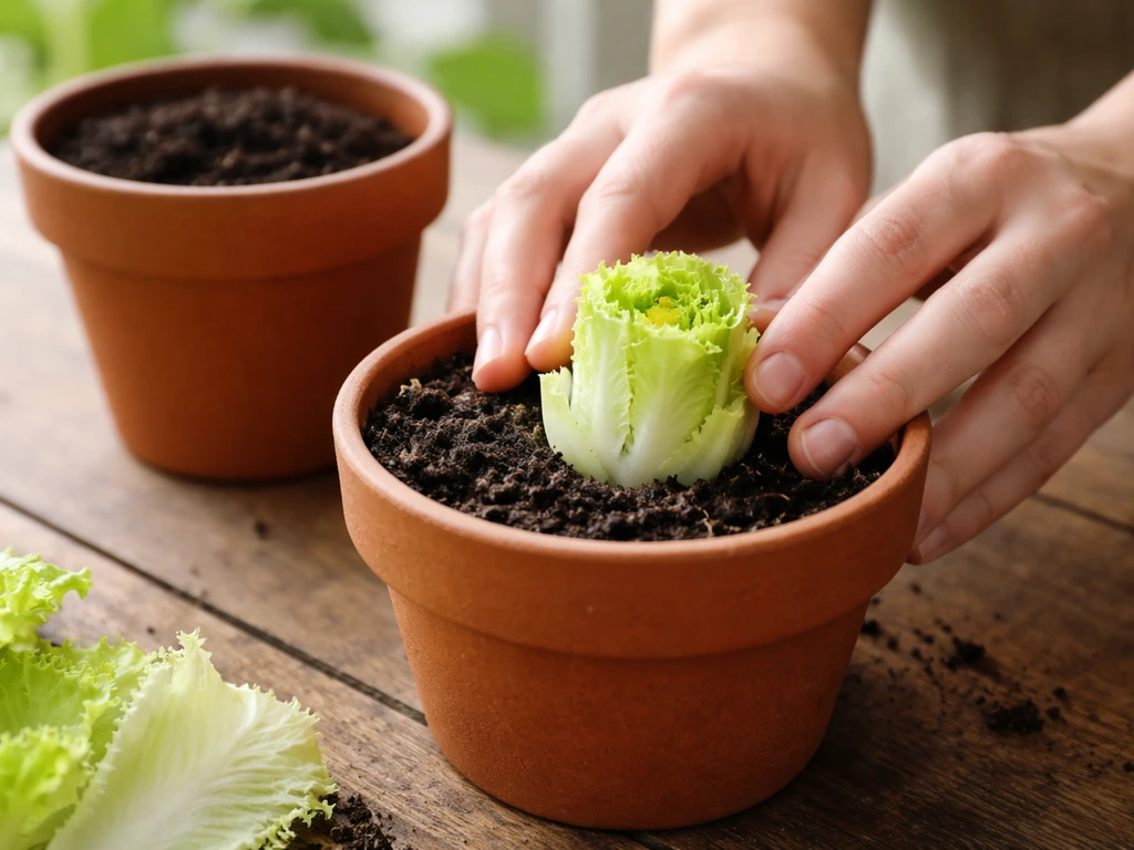 Terracotta pots with dark potting mix and a trimmed lettuce base positioned to reroot.