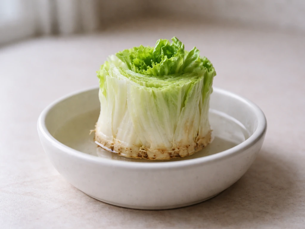 Cut romaine lettuce base in a shallow bowl with water, showing small root nubs and early new leaf growth.