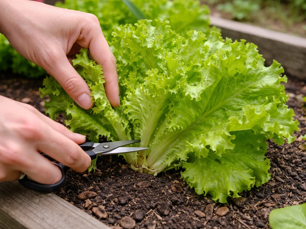 Hand snipping outer leaves of loose-leaf lettuce from a garden bed in natural daylight.