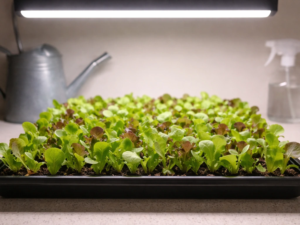 Dense baby spring mix lettuce growing under a grow light in indoor trays.