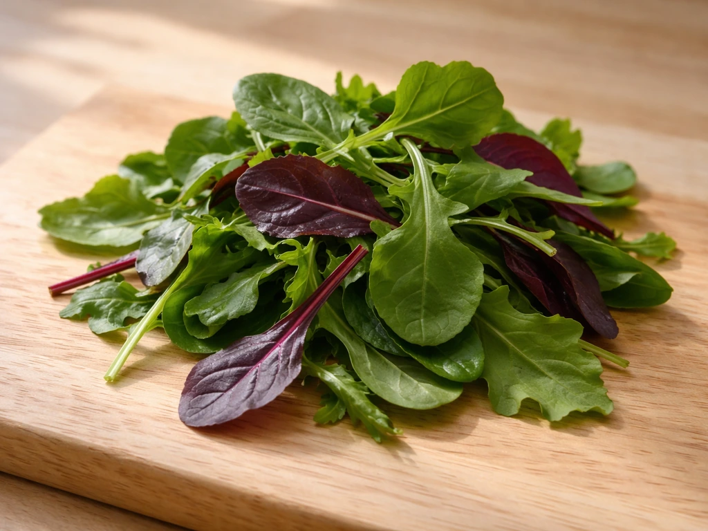 Close-up of fresh spring mix baby greens with stems and torn leaves, suggesting cut-and-come-again growth.