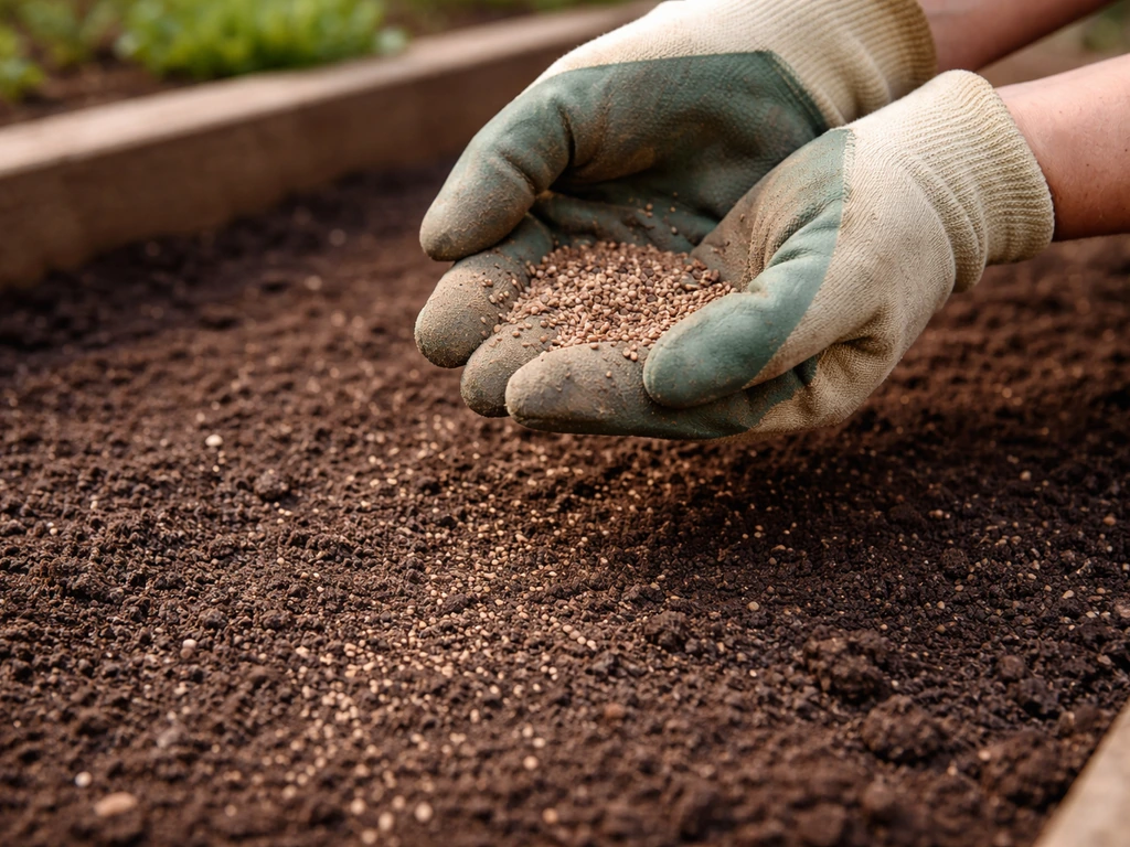 Hands gently scattering tiny spring mix seeds onto soil bed with a light dusting for shallow sowing