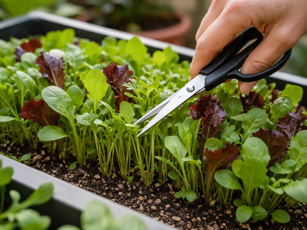 Hand using clean scissors to cut baby spring mix leaves at the proper height for regrowth.