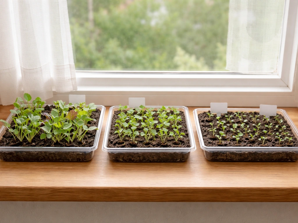 Staggered trays of spring mix seedlings on a simple windowsill, showing succession planting.