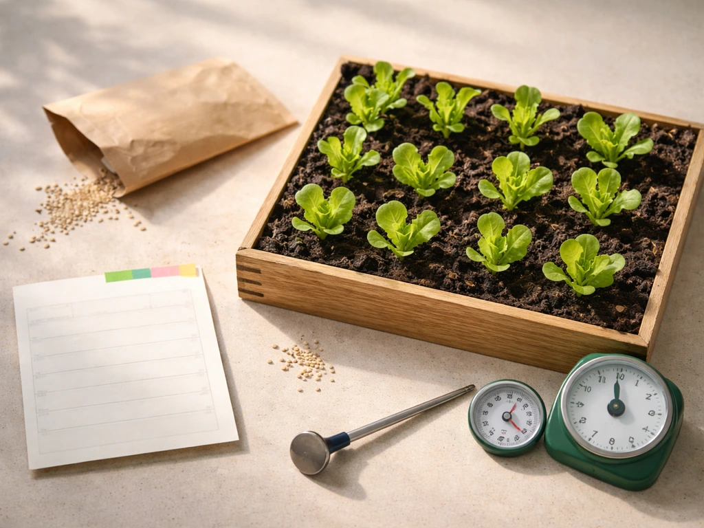 Top-down view of lettuce seedlings in a tray with timer and soil thermometer on a clean work surface.