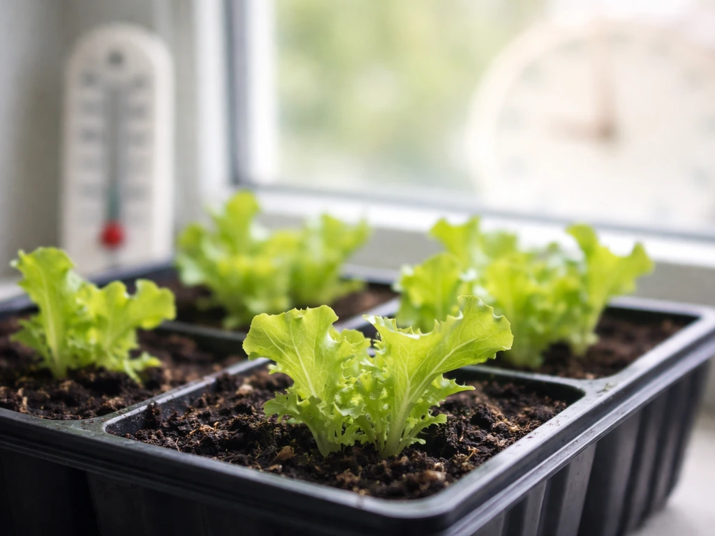 Close-up of lettuce seedlings on a windowsill with subtle blurred thermometer and daylight cues behind them.