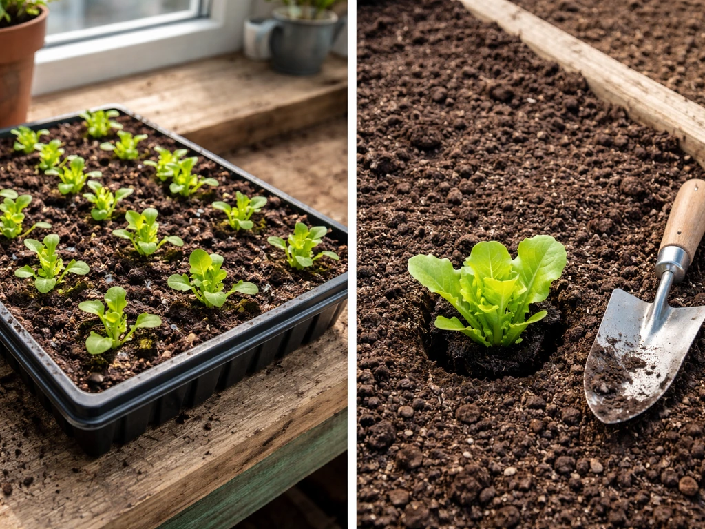 Lettuce seedlings in a tray beside a single transplant in prepared garden soil, illustrating seed vs transplant timing.