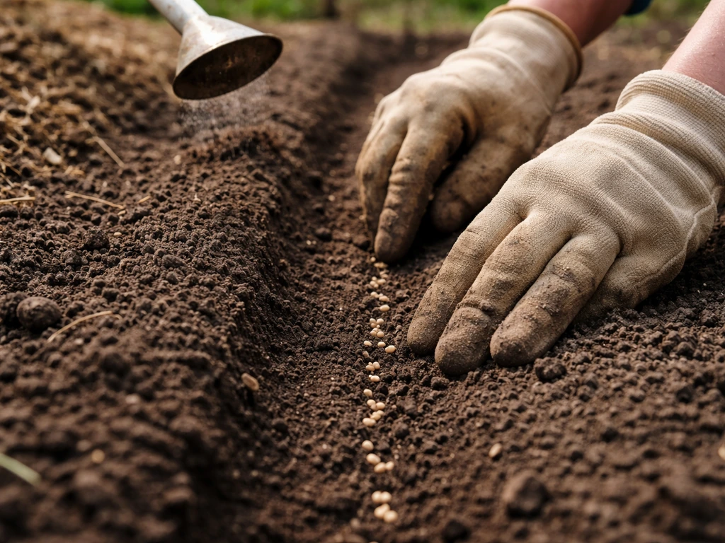 Close-up of hands row-sowing seeds into prepared soil, seeds pressed in and ready for gentle watering