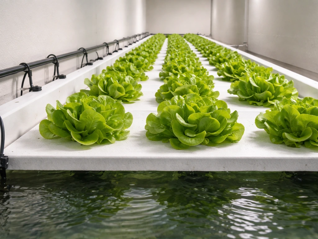 Hydroponic raft channel with leafy lettuce heads and visible nutrient lines in a clean indoor grow room