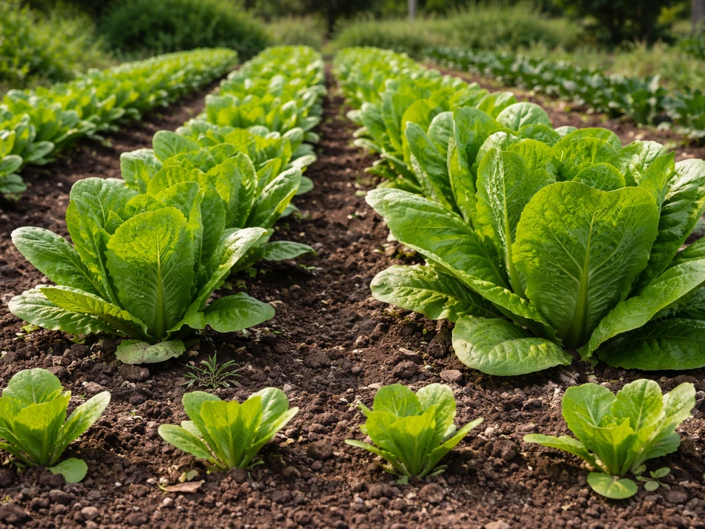 Fresh romaine lettuce growing in neat rows, green heads ready for harvest in a garden bed