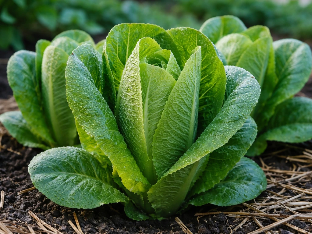Close-up of dewy romaine lettuce in a cool morning garden bed with soft blurred background.