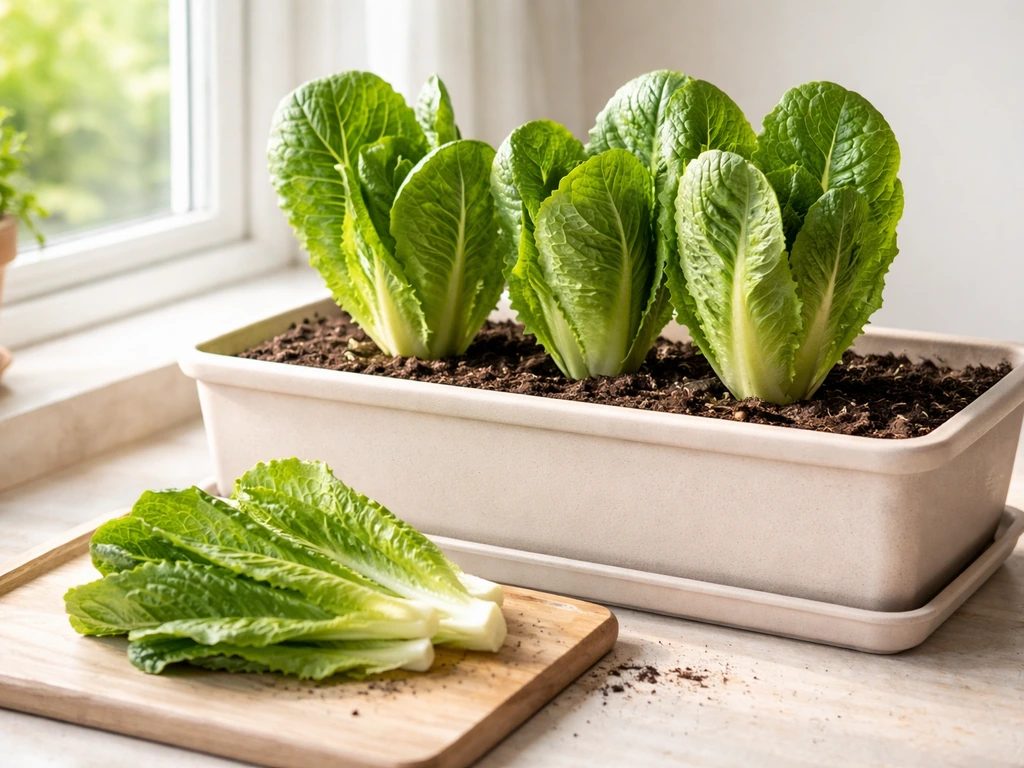 Harvest-ready romaine leaves beside a deep indoor container with dark soil and healthy green growth near a window.