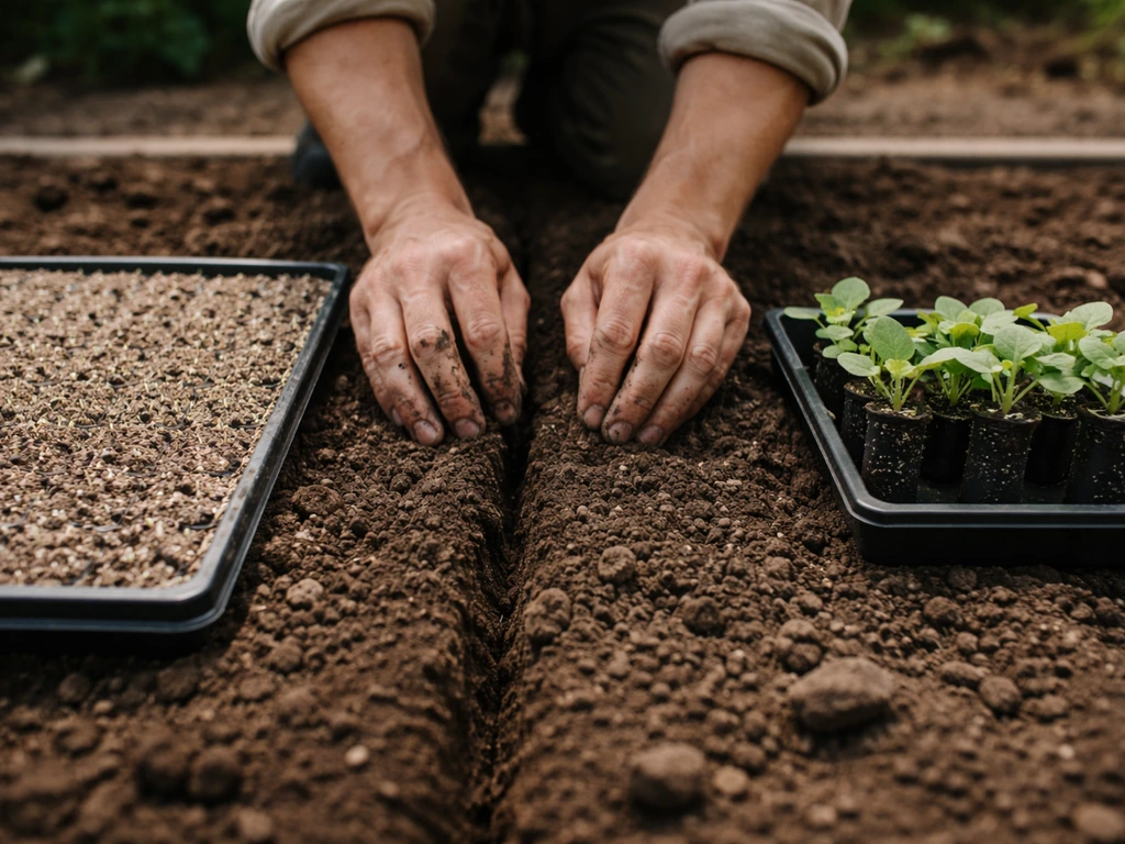 Shallow seed tray with sown seeds beside transplant plugs ready to plant in a small garden furrow.