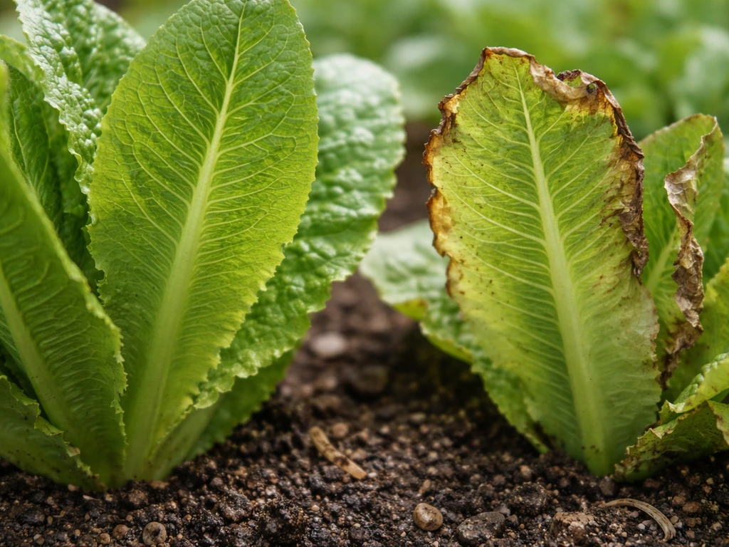 Romaine plant with one leaf showing browned tipburn edges next to a healthy green romaine leaf.