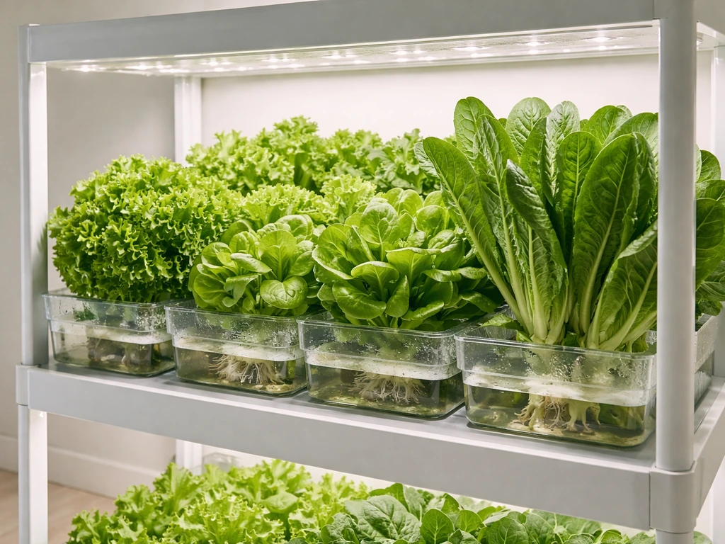 Indoor lettuce garden with lush leaf varieties under white grow lights in clean hydroponic trays.