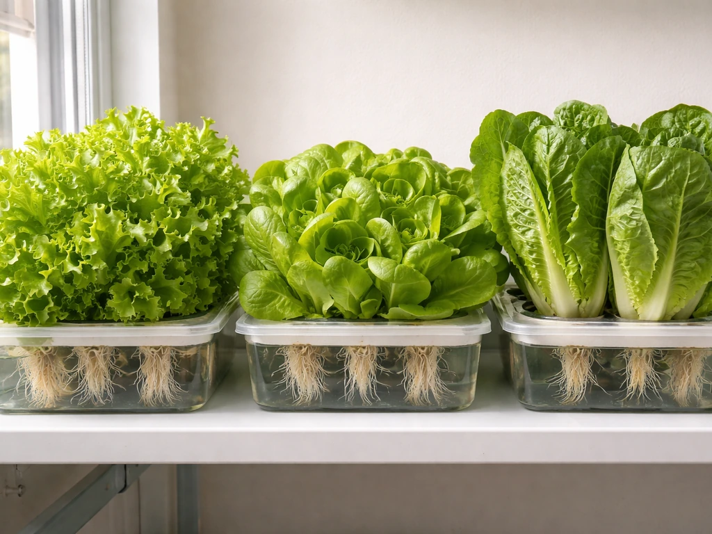 Indoor hydroponic tray with three lettuce varieties—looseleaf, butterhead, and romaine—shown in separate containers