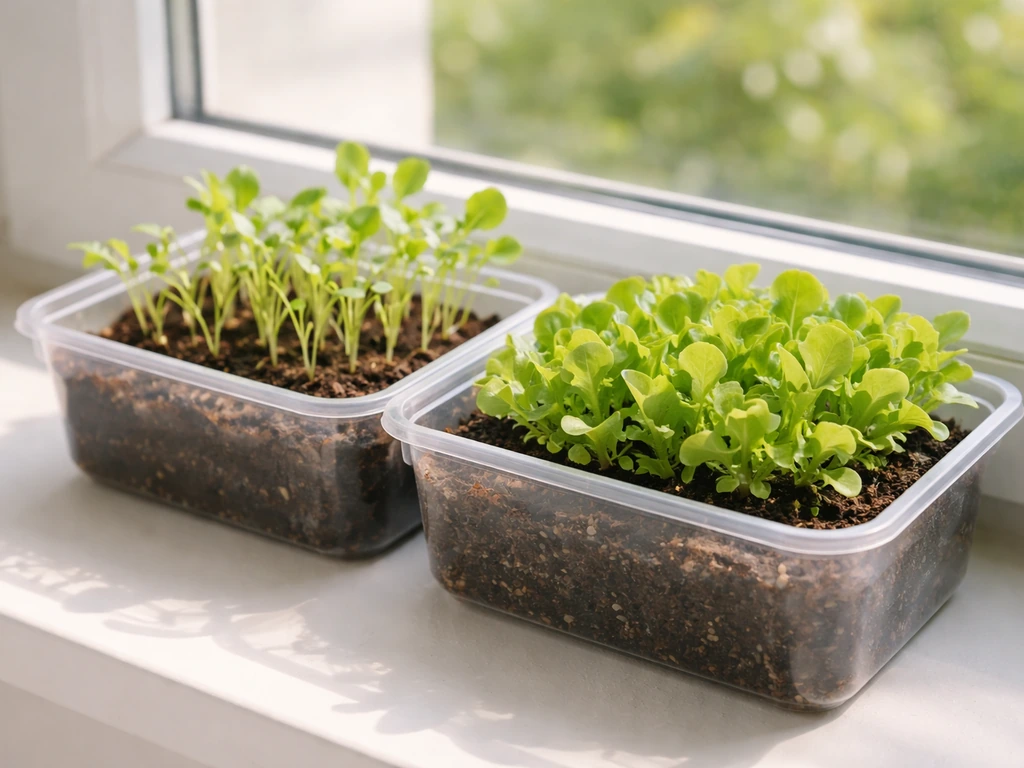 Lettuce seedlings in containers by a south-facing window, showing leggier growth near the edge