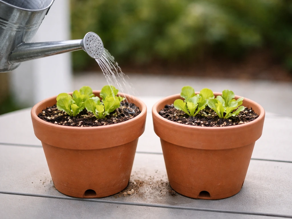 Potted leafy greens in terracotta containers with drainage holes and a watering can on a patio.