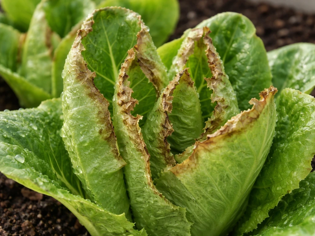 Close-up of indoor lettuce leaves with brown, papery leaf edges showing tip burn