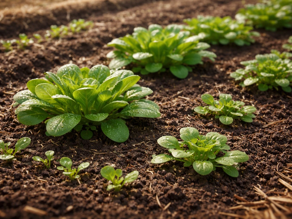 Cool-season garden bed showing lambs lettuce seedlings and rosette baby greens at different stages.