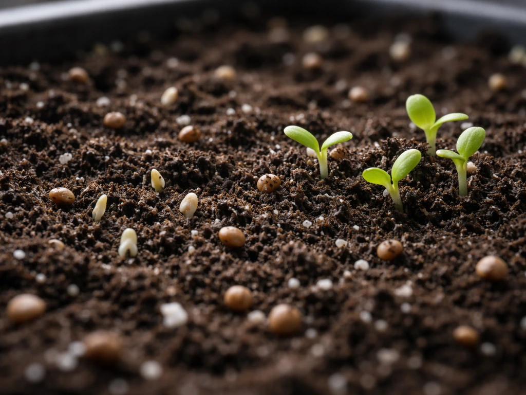 Close-up of lambs lettuce seeds and small sprouts emerging in light soil, showing early germination over 7–14 days.