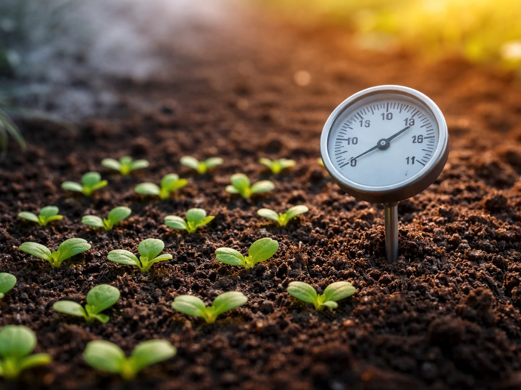 Soil thermometer beside a seeded lambs lettuce bed with cooler vs warmer background cues.