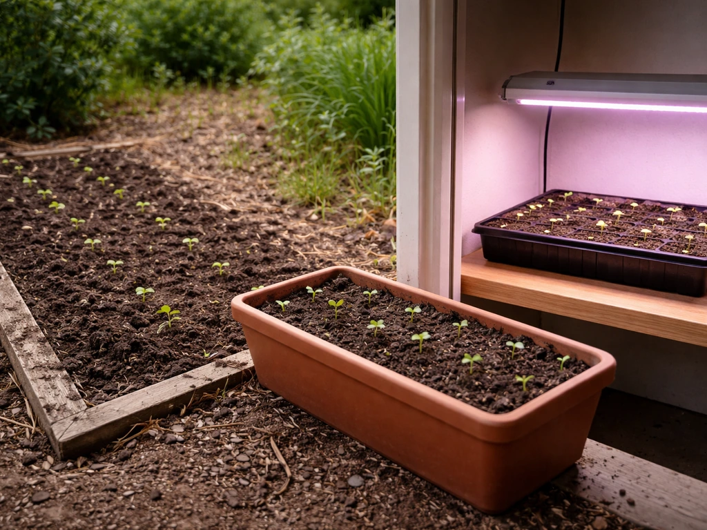 Three matching plant-start setups—outdoor soil bed, container, and indoor seed tray under grow lights.