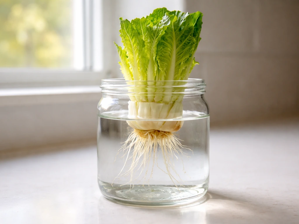 Fresh romaine cutting regrowing in a clear glass jar with visible roots on a kitchen counter.