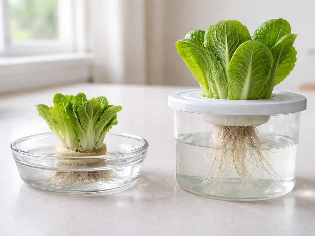 Side-by-side shallow water dish vs Kratky hydroponic container with romaine regrowth and roots visible.