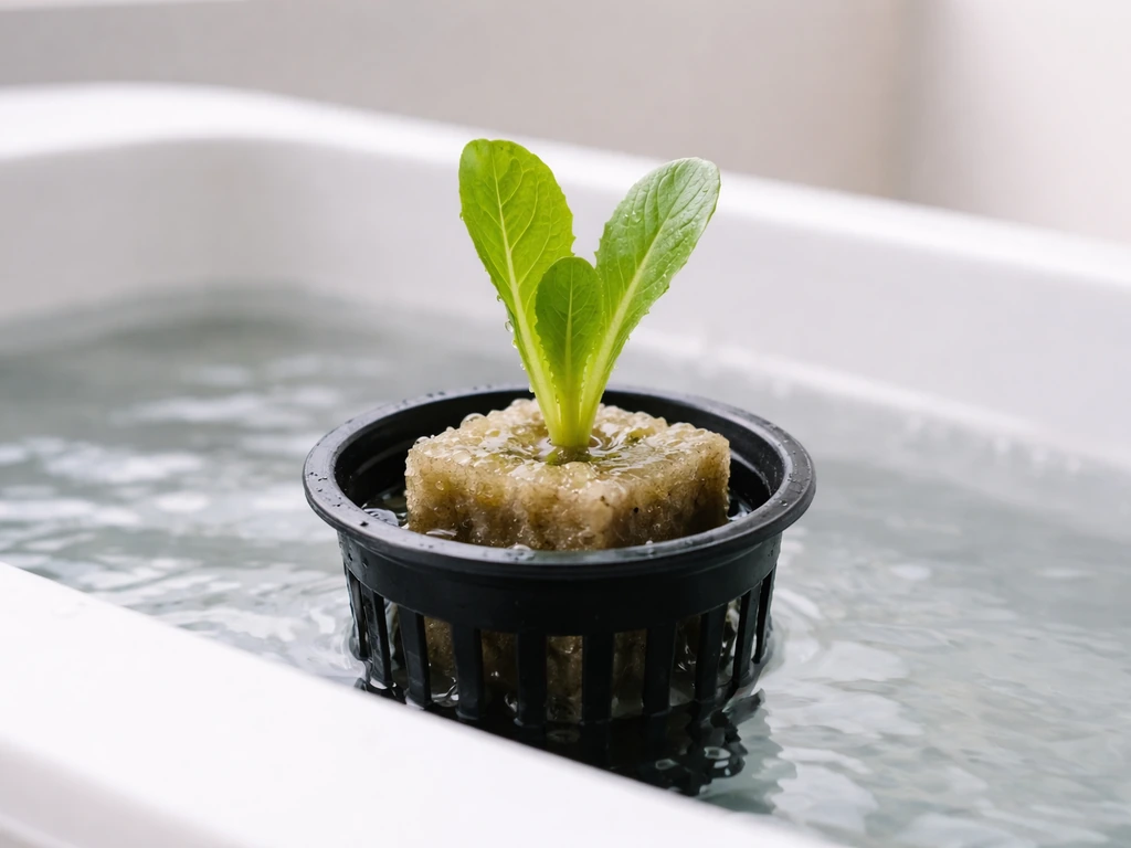 Close-up of a romaine seedling in rockwool within a net cup over a hydroponic water reservoir.