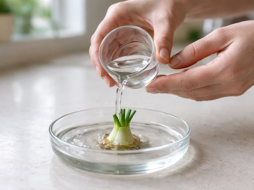 Hands pouring fresh water into a shallow dish used for plant regrowth, minimal kitchen counter scene.