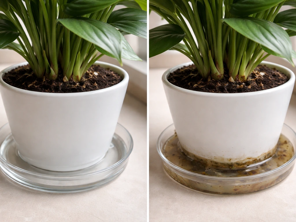 Split close-up of healthy vs slimy base and cloudy water dish showing rot risk cues